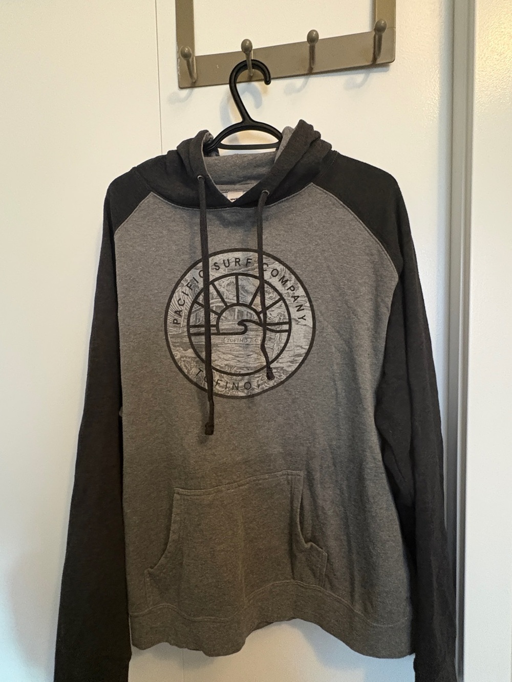Men's Grey and Black Hooded Pullover Sweatshirt Tofino pacific surf co
